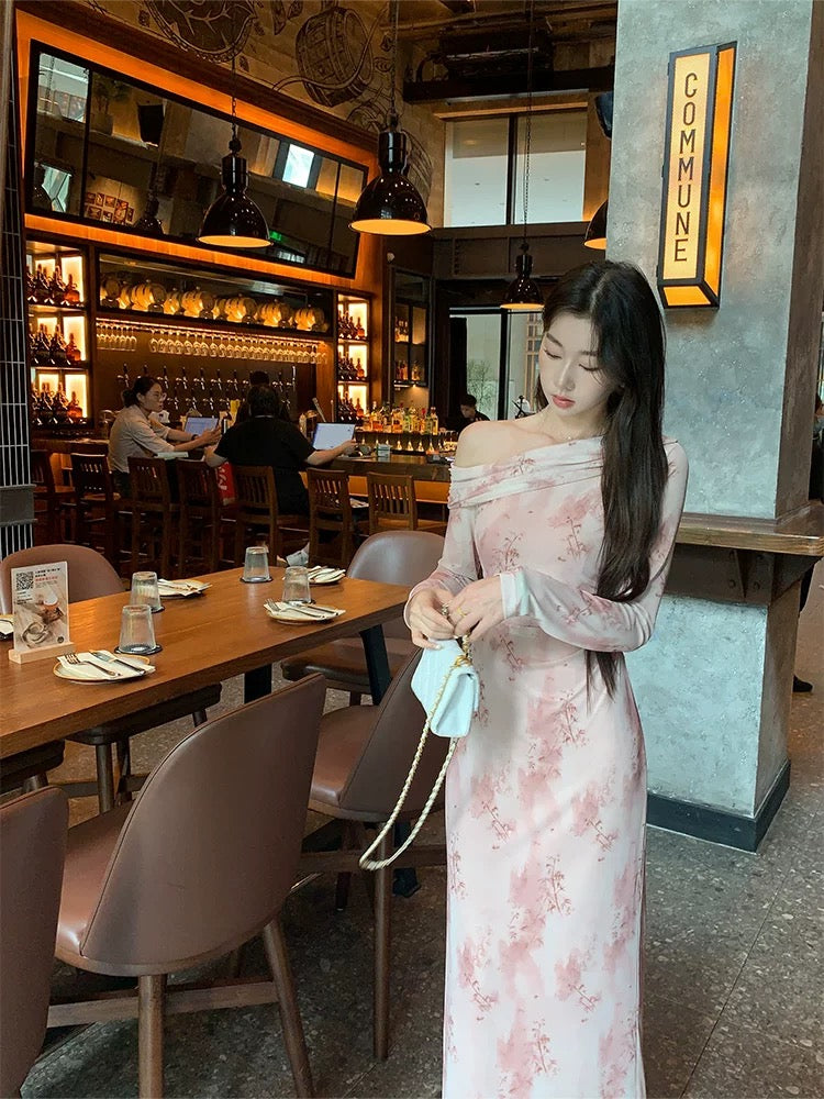 New Chinese style national style EIA Yiyao [Pink Mist Aesthetics] French Floral Dress Women's Autumn Slim Off-Shoulder Long Dress