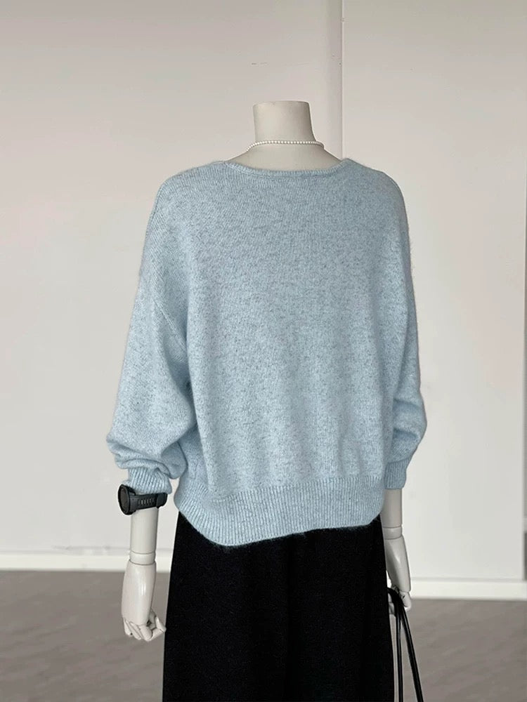 Recommended by CHAO! Winter Outfit: Korean-Style Blue V-Neck Soft Mohair Knitted Sweater