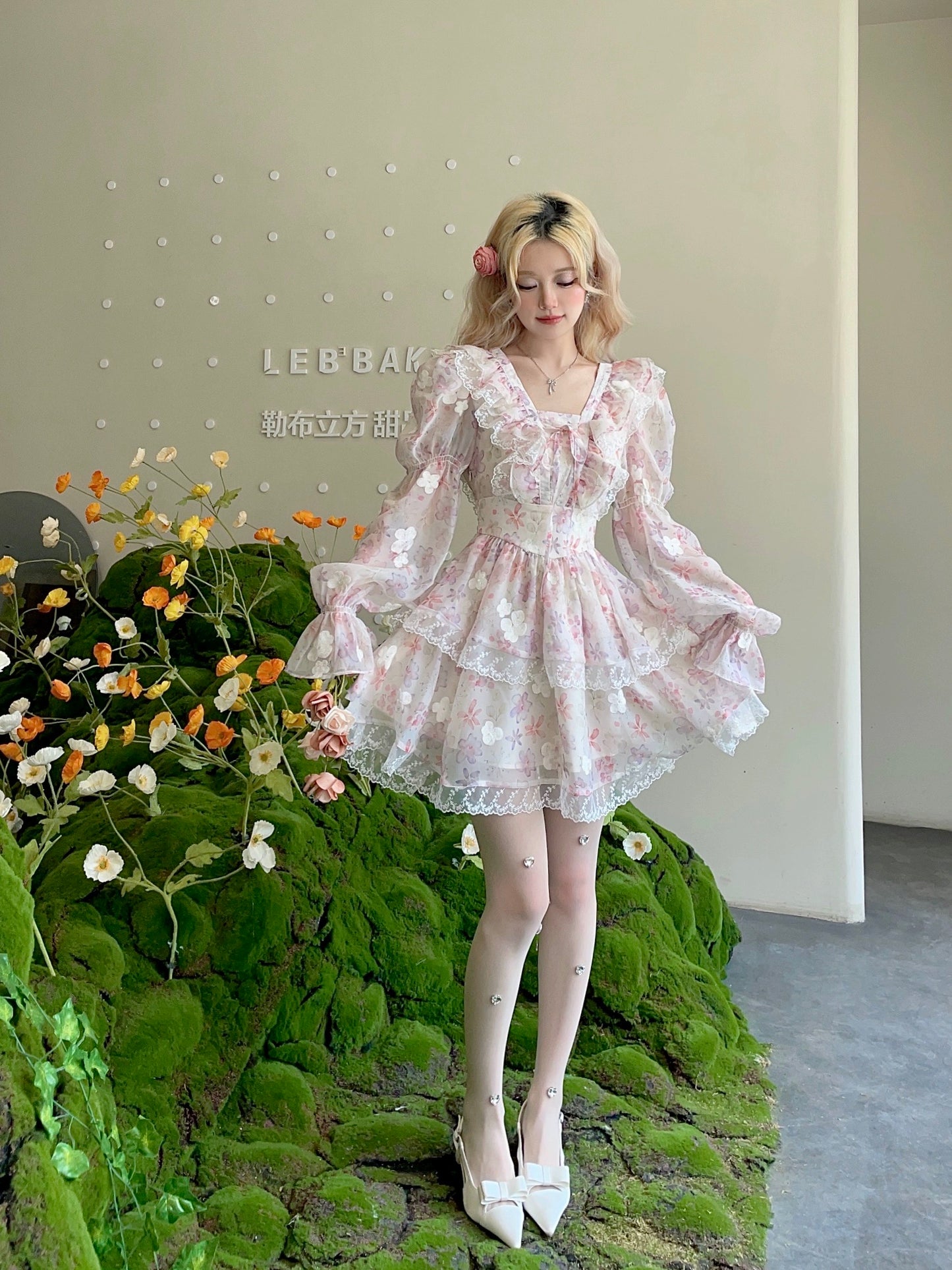 Pink narcissus, sweet and romantic princess style lace ruffle slimming waist fairy skirt dress for women