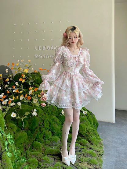 Pink narcissus, sweet and romantic princess style lace ruffle slimming waist fairy skirt dress for women