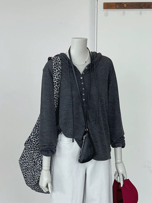 CHAO-level recommendation! Autumn breeze ~ Korean style gray single-breasted soft and lazy casual layered hooded sweater