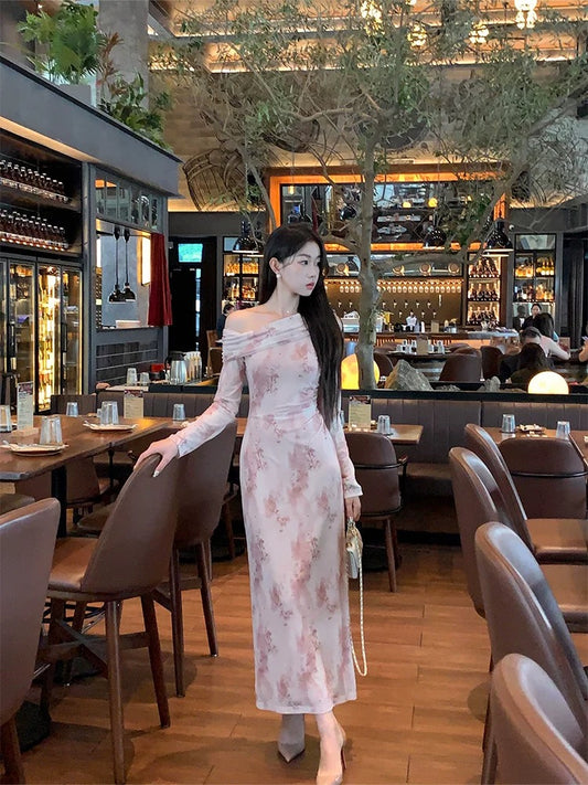 New Chinese style national style EIA Yiyao [Pink Mist Aesthetics] French Floral Dress Women's Autumn Slim Off-Shoulder Long Dress