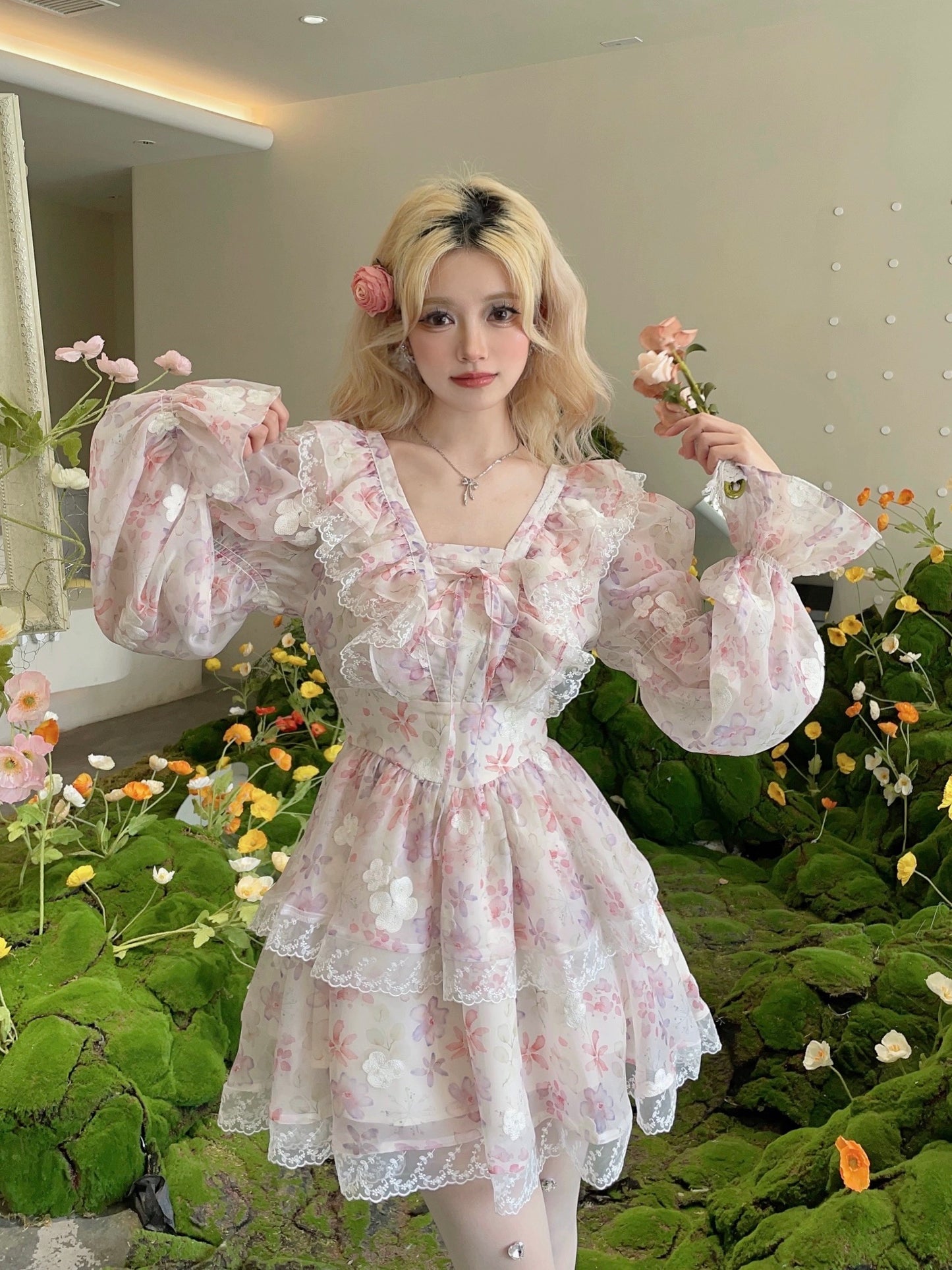 Pink narcissus, sweet and romantic princess style lace ruffle slimming waist fairy skirt dress for women