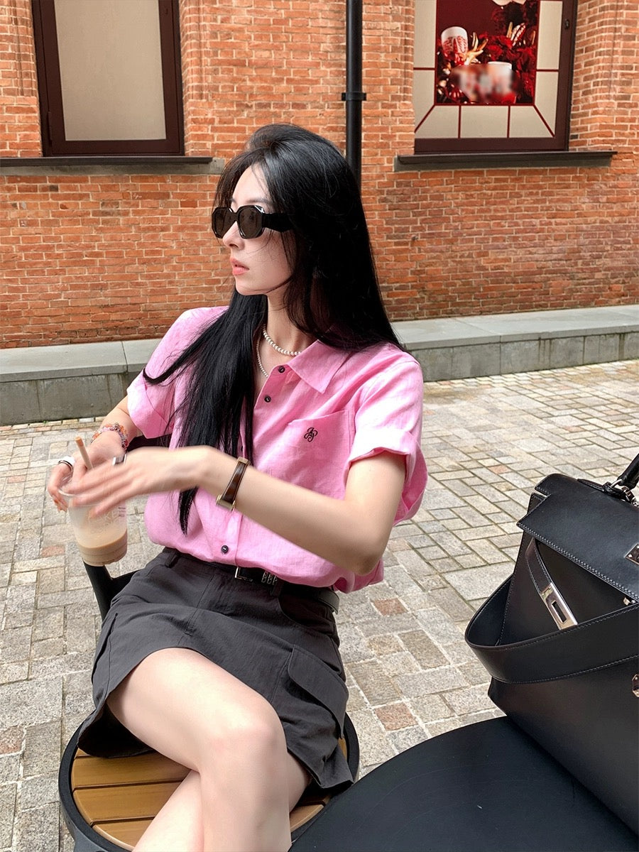Xia Shiwen Midsummer Letter 100% Linen Simple Lapel Embroidered Short Sleeve Pink Shirt Women's Summer Light Shirt