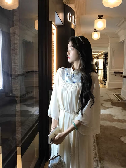 New Chinese style national style EIA Yiyao [Snow Hibiscus] retro relaxed long-sleeved dress women's autumn temperament long dress