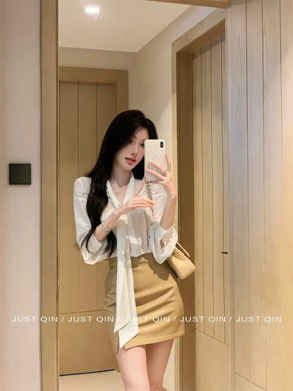 JustQin [Vintage Korean Style] 2026 New Season: Elegant Long-Sleeve Lace-Panel Shirt with Tie Detail (Women's Autumn Collection)