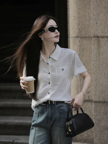 Xia Shiwen Midsummer Letter 100% Linen Simple Lapel Embroidered Short Sleeve Pink Shirt Women's Summer Light Shirt