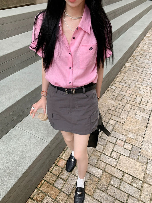 Xia Shiwen Midsummer Letter 100% Linen Simple Lapel Embroidered Short Sleeve Pink Shirt Women's Summer Light Shirt
