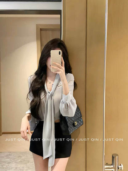 JustQin [Vintage Korean Style] 2026 New Season: Elegant Long-Sleeve Lace-Panel Shirt with Tie Detail (Women's Autumn Collection)