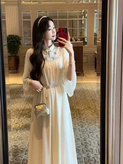 New Chinese style national style EIA Yiyao [Snow Hibiscus] retro relaxed long-sleeved dress women's autumn temperament long dress
