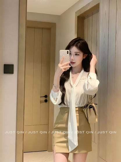 JustQin [Vintage Korean Style] 2026 New Season: Elegant Long-Sleeve Lace-Panel Shirt with Tie Detail (Women's Autumn Collection)