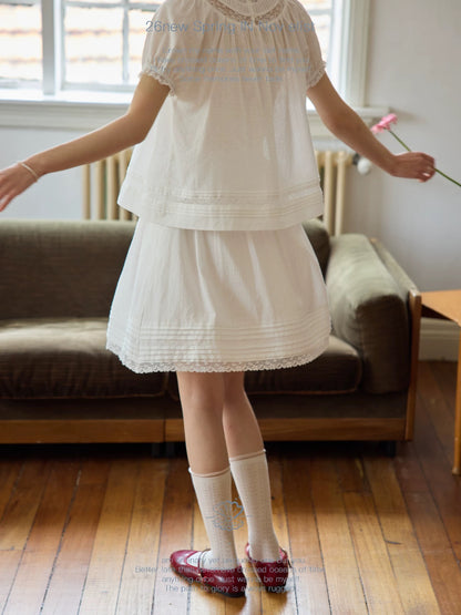 Nov elist - Lace Trim Patchwork Tucker Dress Two-Piece Summer White Set