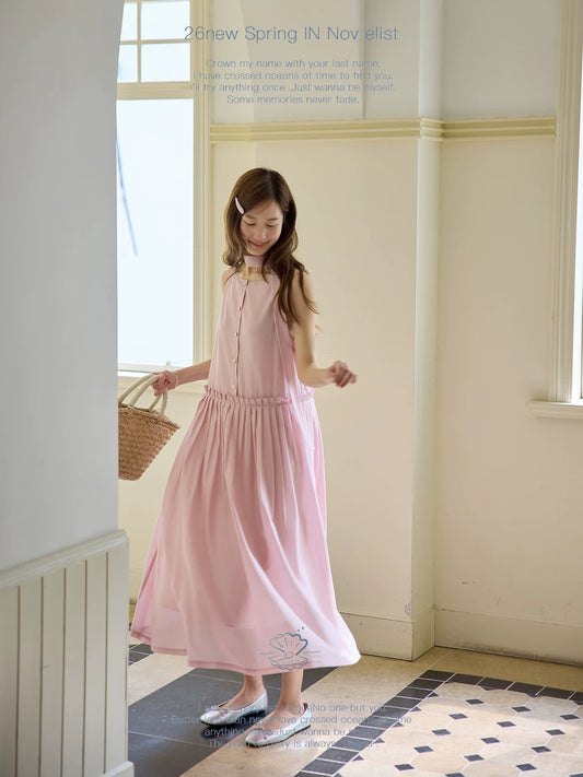 Nov elist One Elegant Boat Neck Dress with Ribbon Design Sleeveless Spaghetti Strap Dress Summer New Arrival