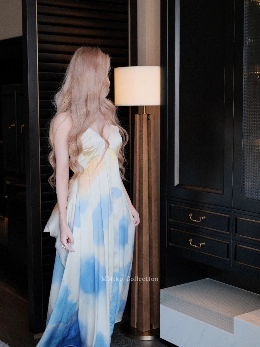MMIiko "Coastal Sunset" holiday style gradient smudged contrast print elegant dress suspender skirt