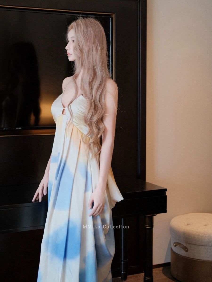 MMIiko "Coastal Sunset" holiday style gradient smudged contrast print elegant dress suspender skirt