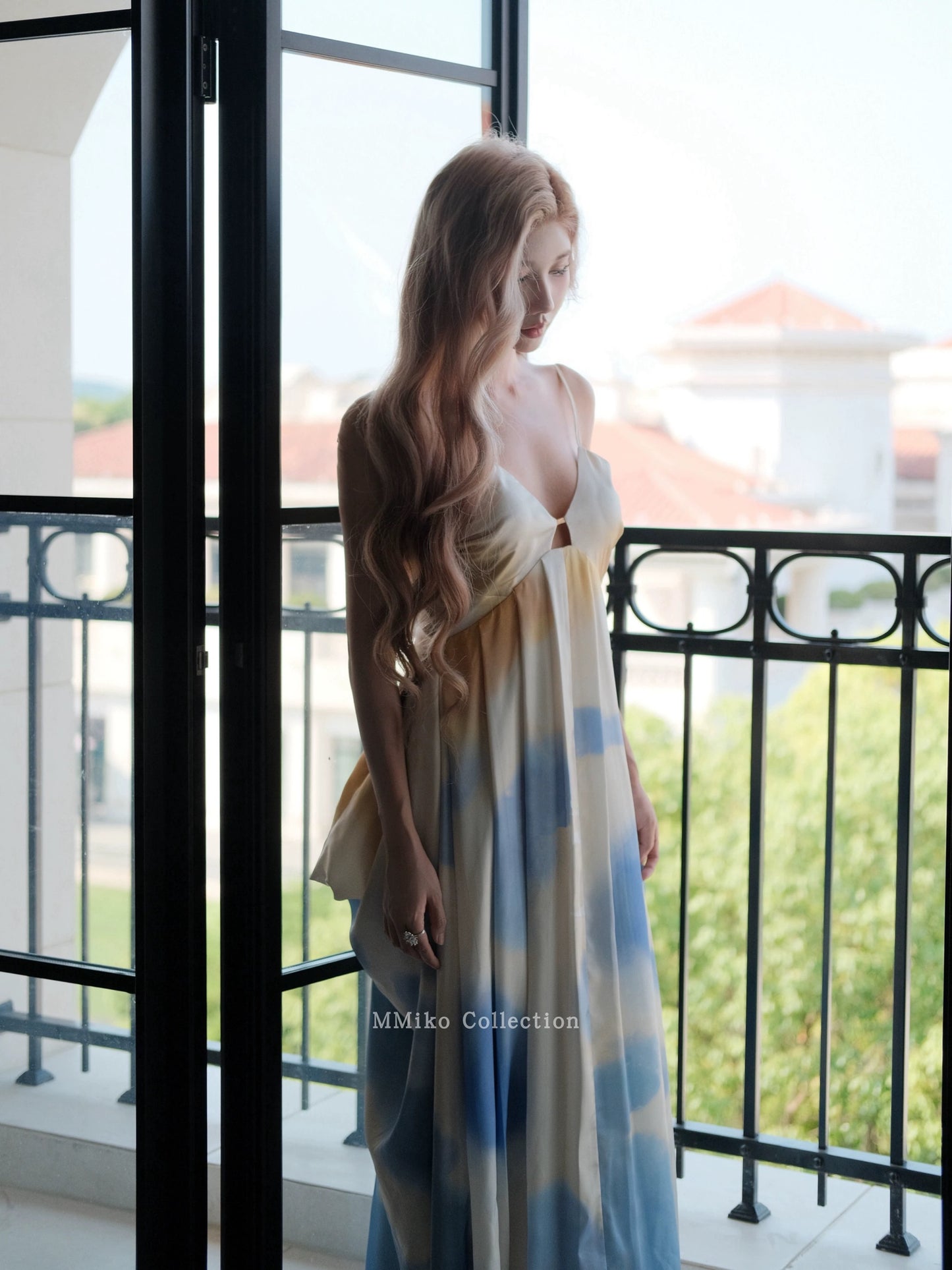 MMIiko "Coastal Sunset" holiday style gradient smudged contrast print elegant dress suspender skirt