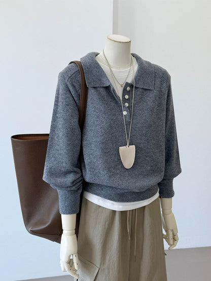 CHAO-level recommendation! Top autumn outfit~ Korean-style gray polo collar soft and lazy loose commuter knitted sweater