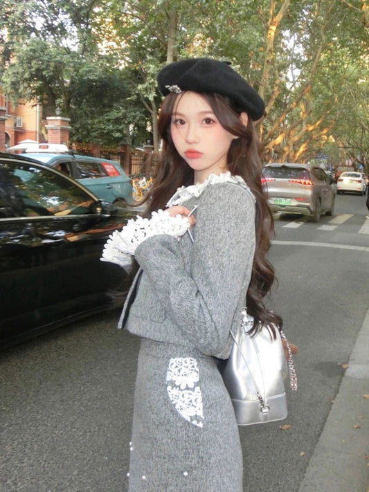 Hungerlababy/23AW French style small style suit gray short coat high waist skirt two-piece set