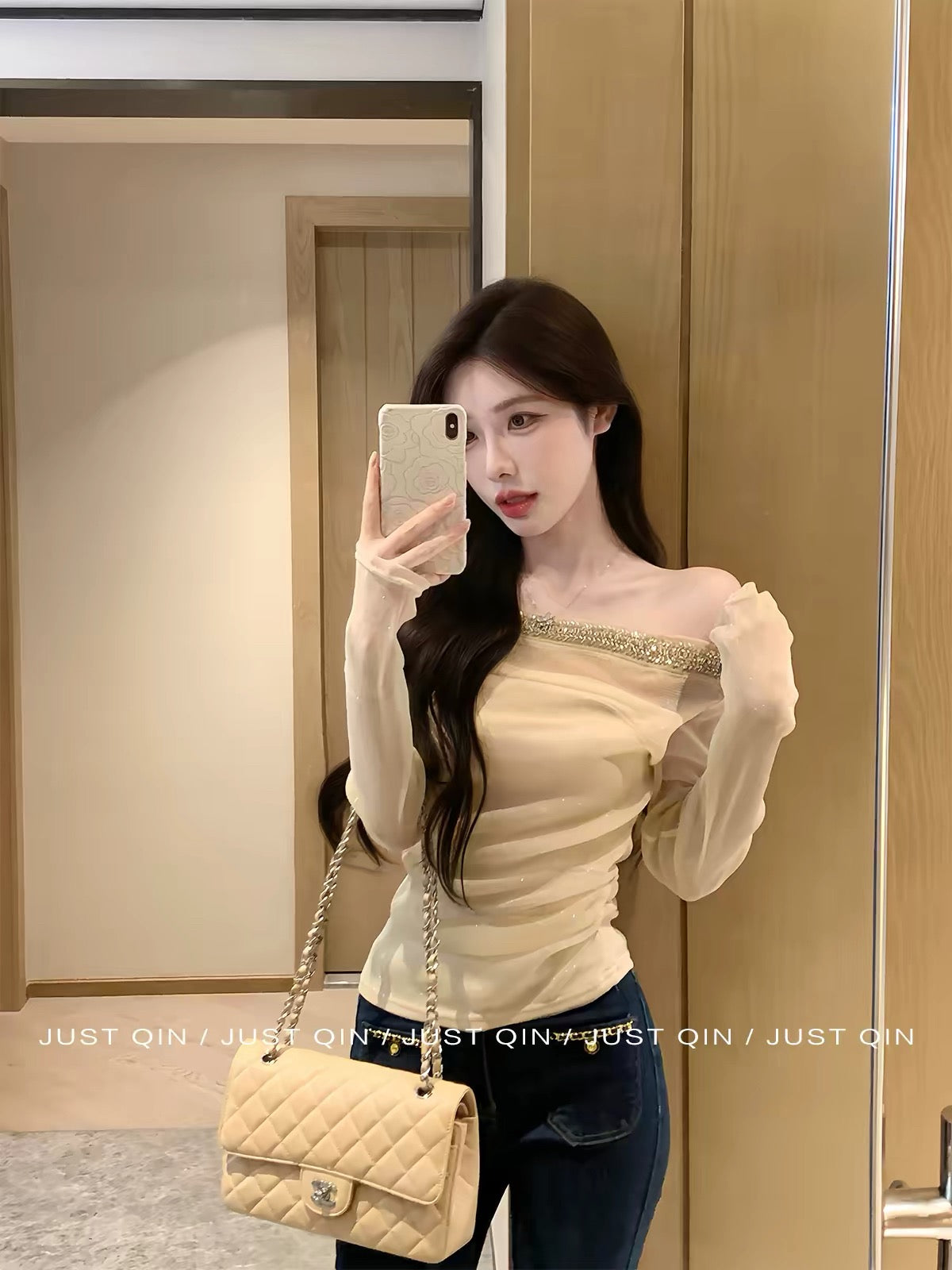 JustQin [Soft Fragrant Jade] 2026 New Autumn Women's Long-Sleeve One-Shoulder Mesh Top with Rhinestones – Elegant & Slimming Fit