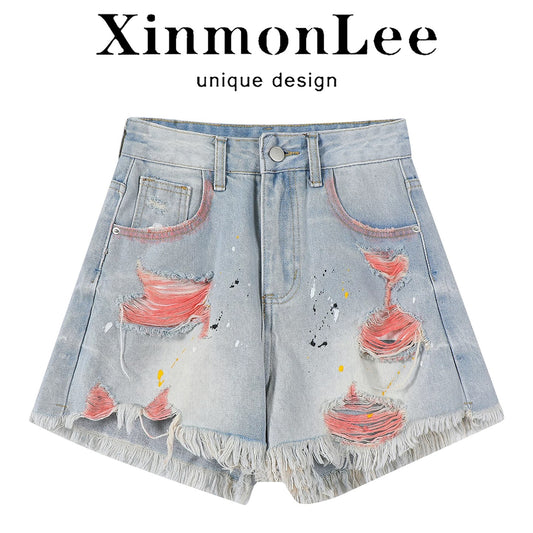XinmonLee colorful ripped raw edge jeans summer high waist slim wide leg hot girl slim shorts Korean style