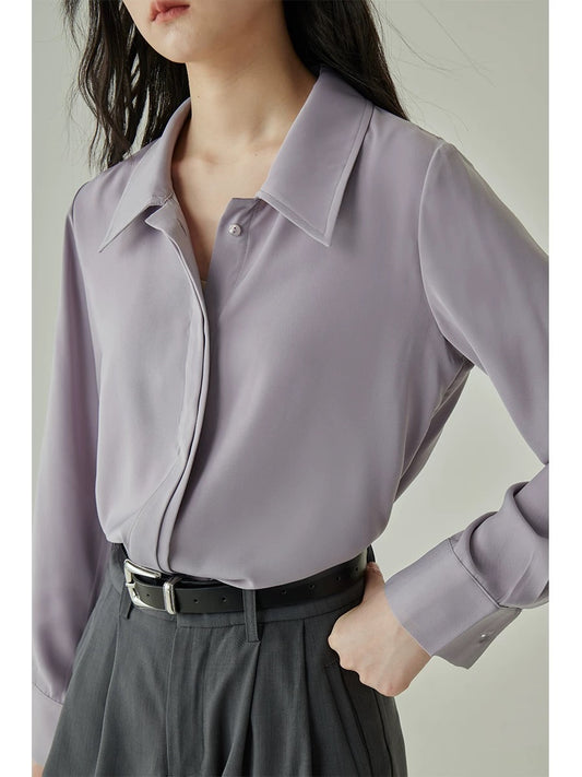 Yakejia misty purple shirt for women lazy style back split design niche wide placket long-sleeved shirt for women spring and autumn