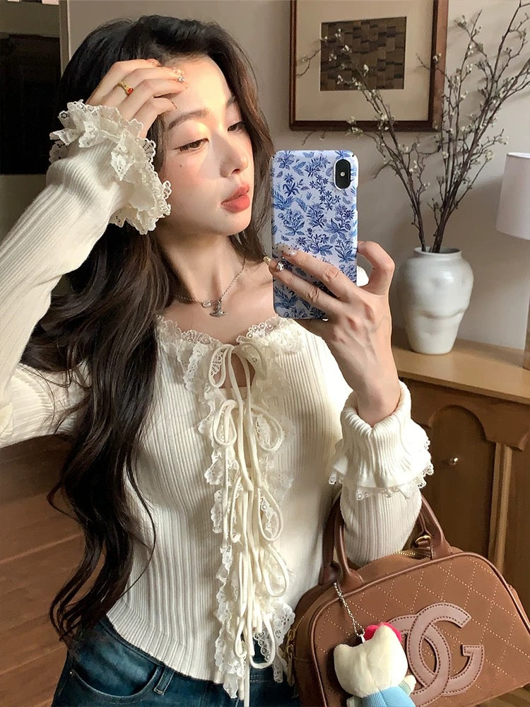 New Chinese style national style EIA Yiyao [Almond Milk Pastry] Korean Pure Desire Woolen Sweater Women's Early Autumn Bow Top