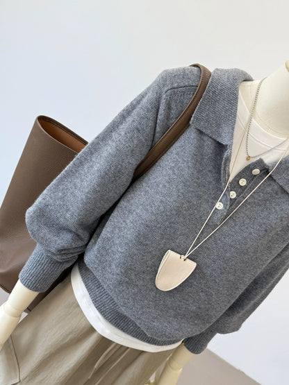 CHAO-level recommendation! Top autumn outfit~ Korean-style gray polo collar soft and lazy loose commuter knitted sweater