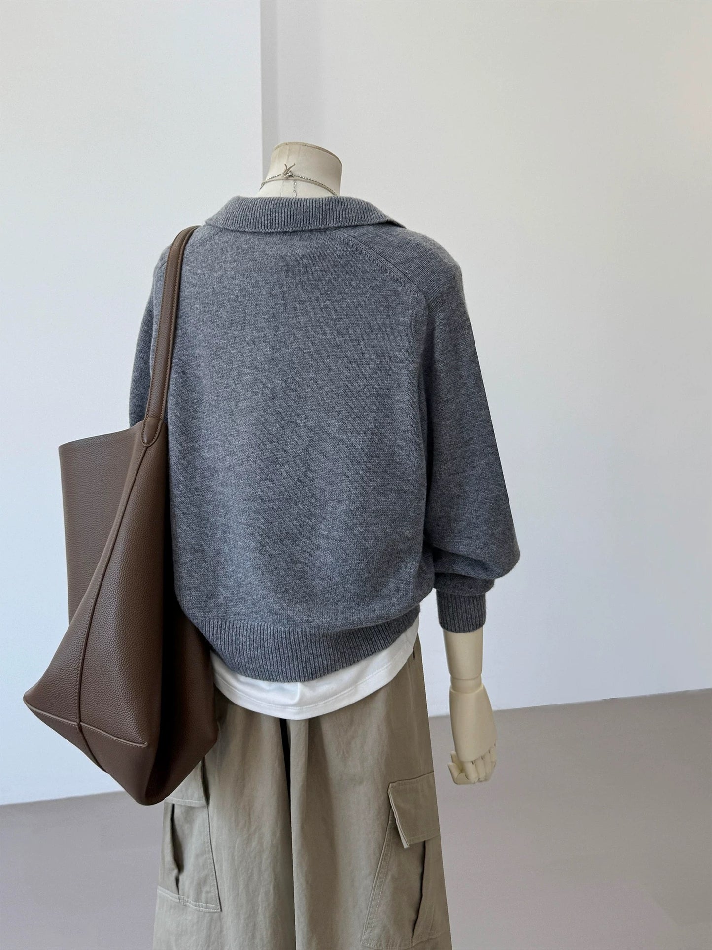 CHAO-level recommendation! Top autumn outfit~ Korean-style gray polo collar soft and lazy loose commuter knitted sweater