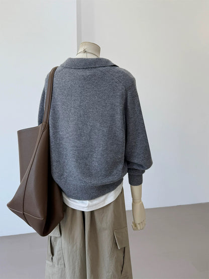 CHAO-level recommendation! Top autumn outfit~ Korean-style gray polo collar soft and lazy loose commuter knitted sweater