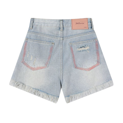 XinmonLee colorful ripped raw edge jeans summer high waist slim wide leg hot girl slim shorts Korean style