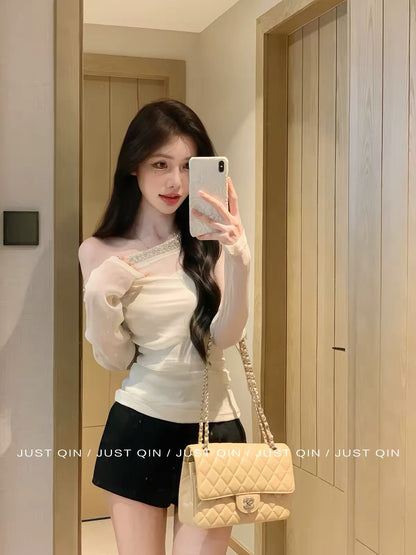 JustQin [Soft Fragrant Jade] 2026 New Autumn Women's Long-Sleeve One-Shoulder Mesh Top with Rhinestones – Elegant & Slimming Fit