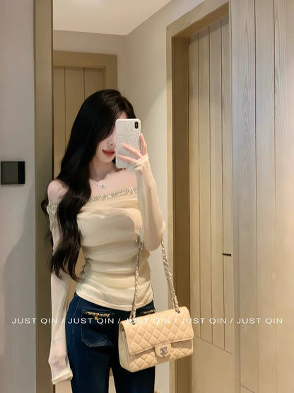 JustQin [Soft Fragrant Jade] 2026 New Autumn Women's Long-Sleeve One-Shoulder Mesh Top with Rhinestones – Elegant & Slimming Fit