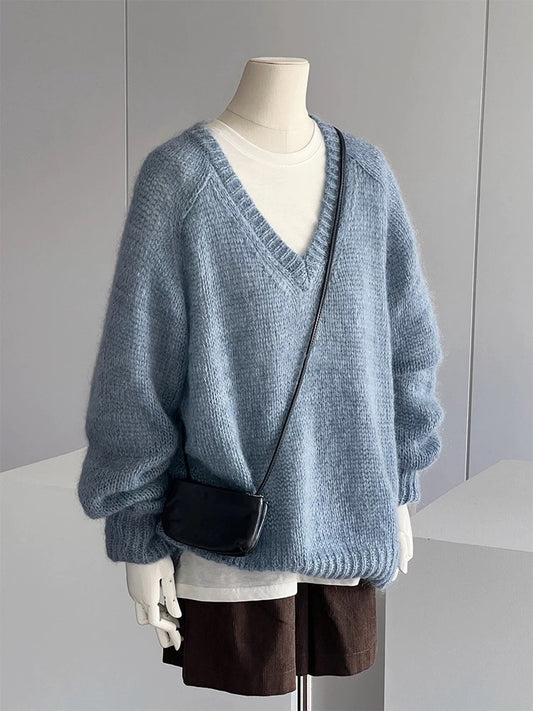 CHAO-level recommendation! Autumn and winter outfit ~ Korean blue v-neck soft mohair cashmere loose knit sweater