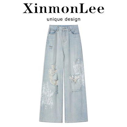 XinmonLee design high waist loose ripped lace patchwork jeans summer straight all-match wide-leg pants..