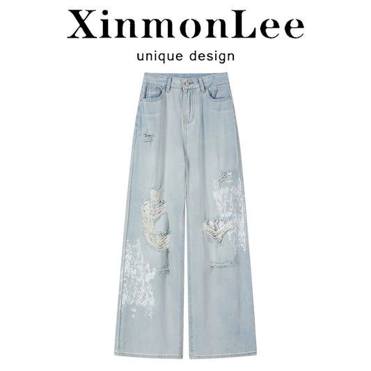 XinmonLee design high waist loose ripped lace patchwork jeans summer straight all-match wide-leg pants..