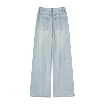 XinmonLee design high waist loose ripped lace patchwork jeans summer straight all-match wide-leg pants..