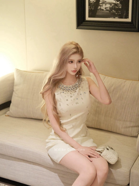MMIiko "Moonlight Liuying" white heavy beading and rhinestone ladylike vest dress