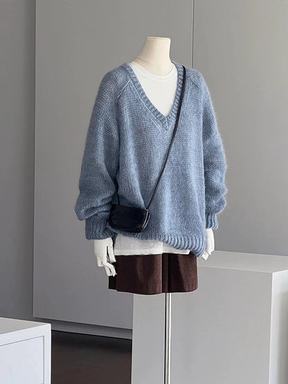 CHAO-level recommendation! Autumn and winter outfit ~ Korean blue v-neck soft mohair cashmere loose knit sweater