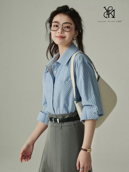 Yakejia classic timeless 2.0 blue striped shirt women's spring and autumn professional commuting layered long-sleeved shirt