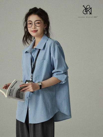 Yakejia classic timeless 2.0 blue striped shirt women's spring and autumn professional commuting layered long-sleeved shirt