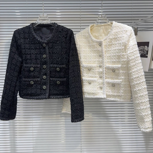 [In Stock] 2026 Spring New Arrival-Style Pearl Flower Button Pocket Tweed Elegant Short Jacket