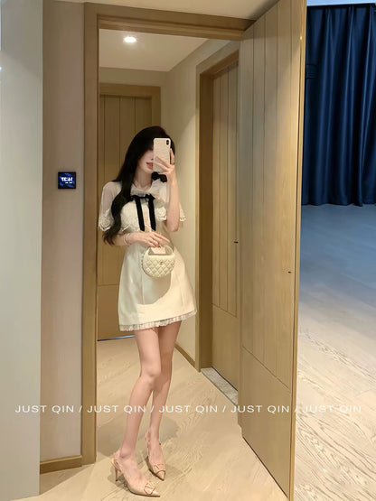 JustQin [Upper East Side Socialite] 2026 New Autumn Women's Elegant White Lace-Panel Tie-Front Dress