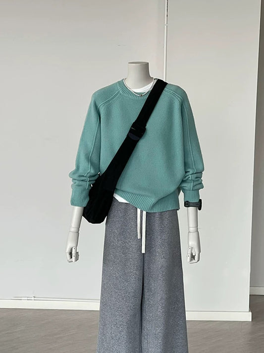 CHAO-level recommendation! Irresistible~ Korean lake blue green loose sweater female line design knitted sweater female