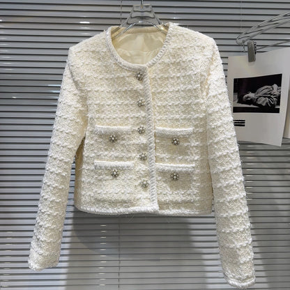 [In Stock] 2026 Spring New Arrival-Style Pearl Flower Button Pocket Tweed Elegant Short Jacket