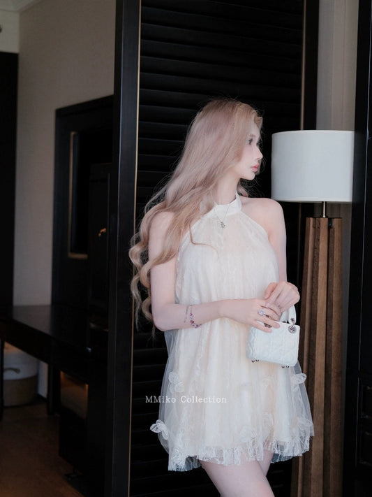 MMiko "White Tea Cloud Butterfly" Fairy Skirt Fashionable Vacation Halter Loose and Slimming Meat-covering Three-dimensional Butterfly