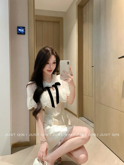 JustQin [Upper East Side Socialite] 2026 New Autumn Women's Elegant White Lace-Panel Tie-Front Dress