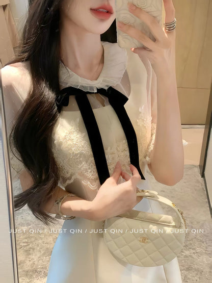 JustQin [Upper East Side Socialite] 2026 New Autumn Women's Elegant White Lace-Panel Tie-Front Dress