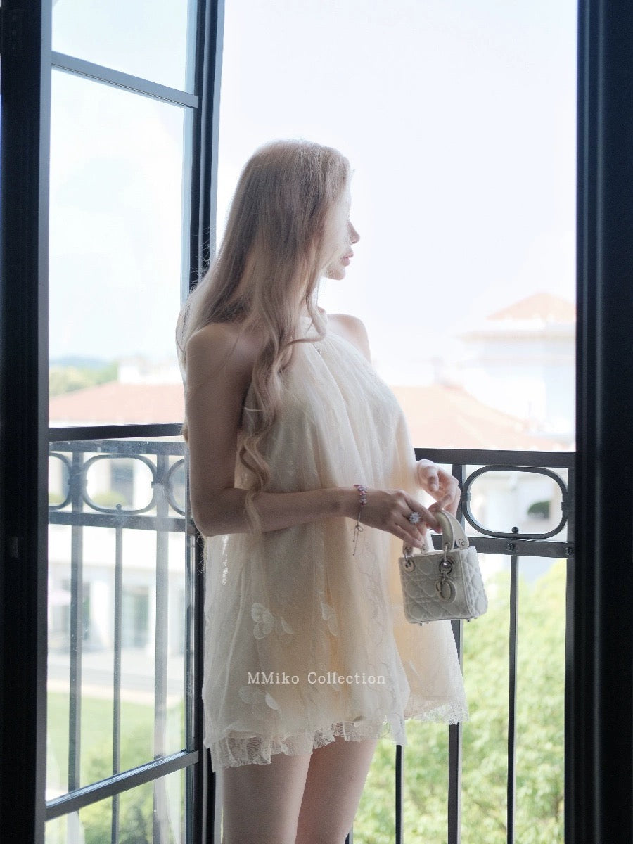 MMiko "White Tea Cloud Butterfly" Fairy Skirt Fashionable Vacation Halter Loose and Slimming Meat-covering Three-dimensional Butterfly