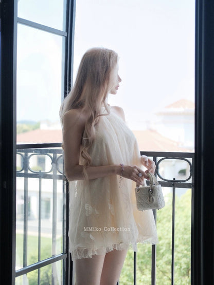 MMiko "White Tea Cloud Butterfly" Fairy Skirt Fashionable Vacation Halter Loose and Slimming Meat-covering Three-dimensional Butterfly