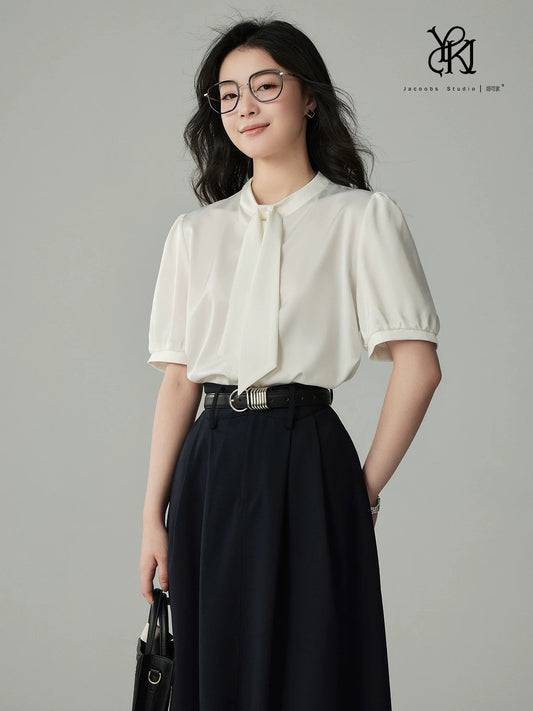 Ya Kejia white satin short-sleeved shirt female design niche light mature Hong Kong style ribbon commuting professional shirt